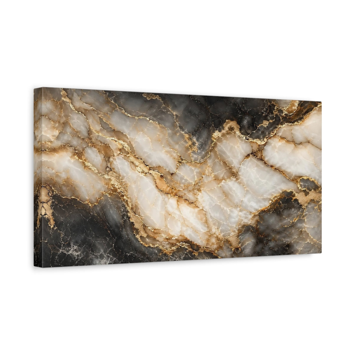 Side Mockup 3. Abstract Marble Texture Black Gold Marble shown as stretched canvas wall art