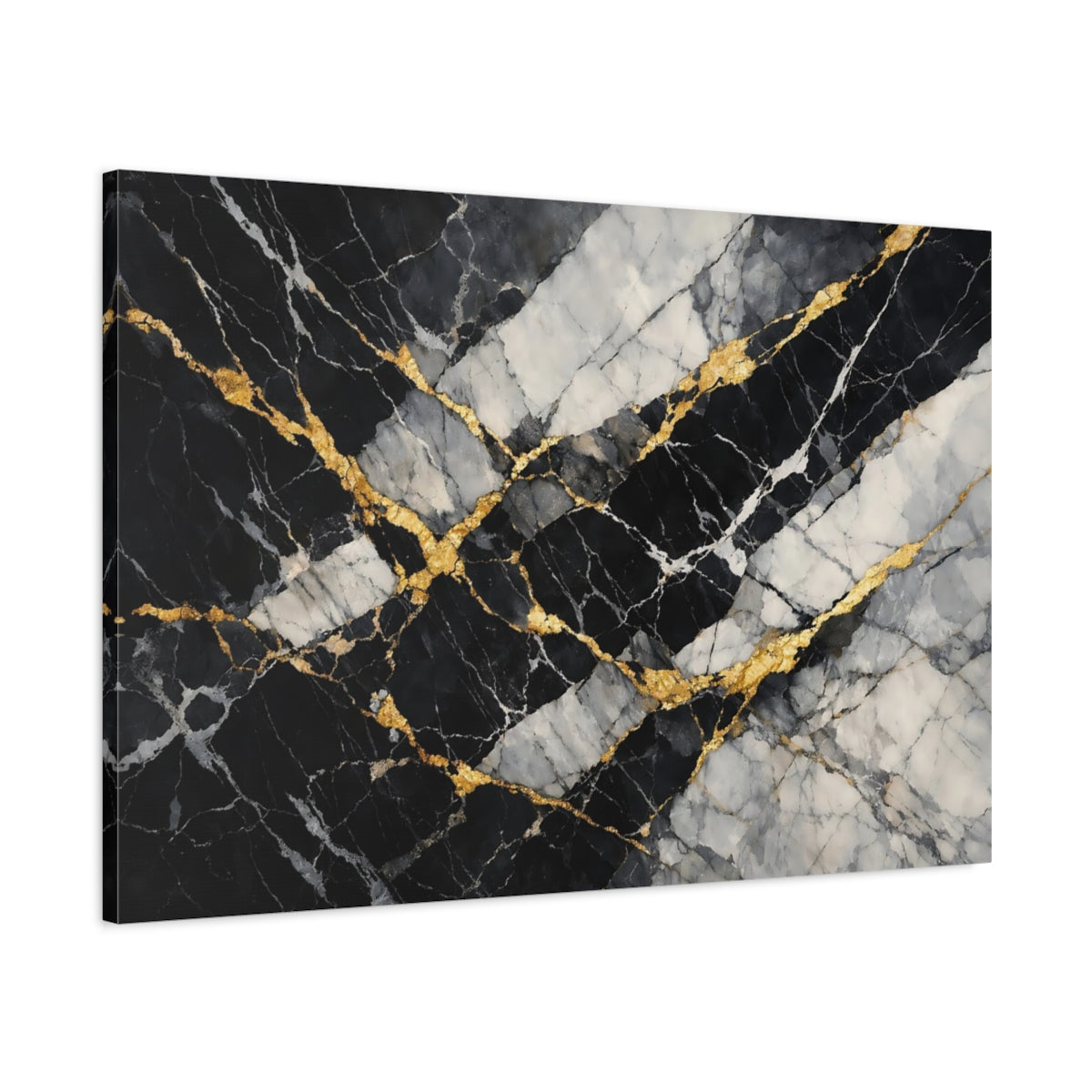 Side Mockup 1. Abstract Marble Texture Black Gold Marble shown as stretched canvas wall art