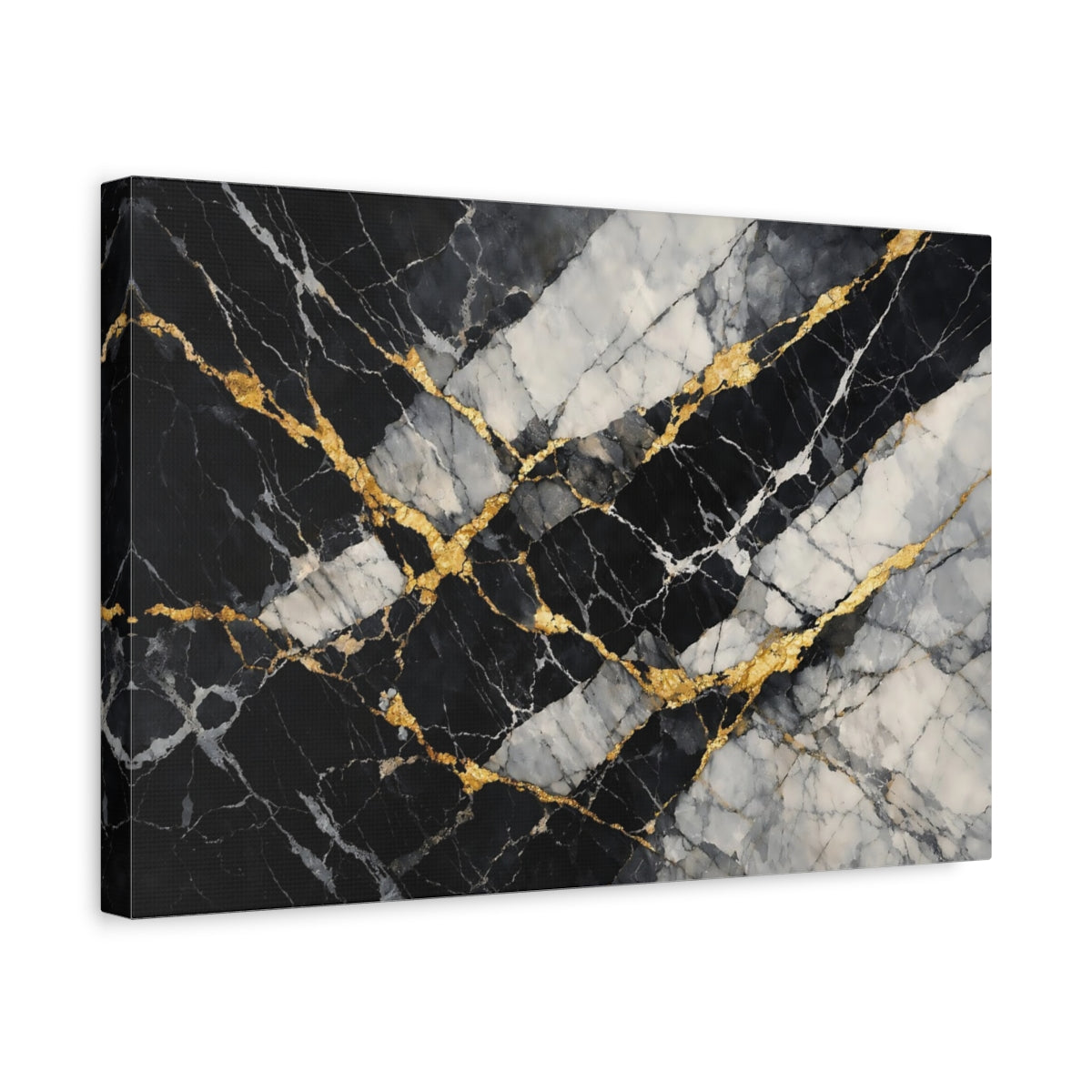 Side Mockup 4. Abstract Marble Texture Black Gold Marble shown as stretched canvas wall art