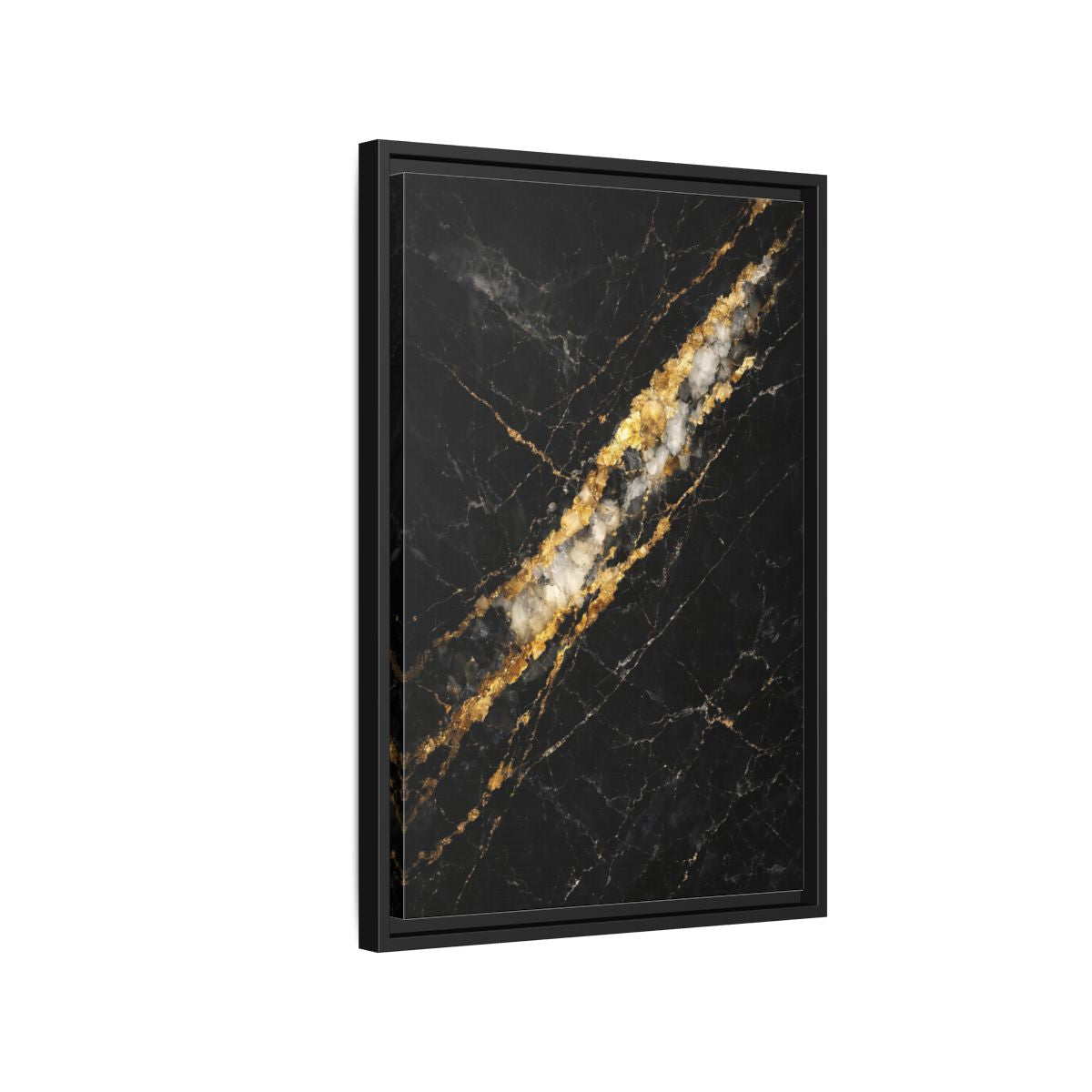 Side Mockup 3. Abstract Marble Texture Black Gold Marble shown as stretched canvas wall art