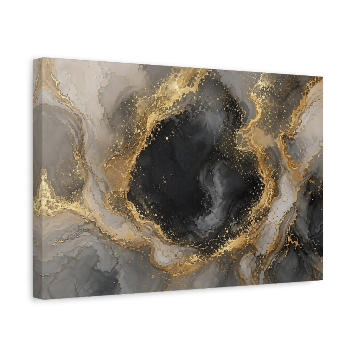 Side Mockup 4. Abstract Marble Texture Black Gold Gray shown as stretched canvas wall art