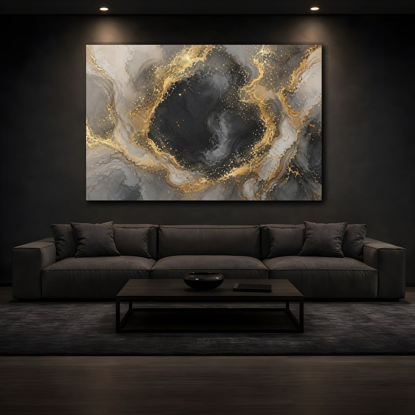 Mockup 3. Abstract Marble Texture Black Gold Gray shown as stretched canvas wall art