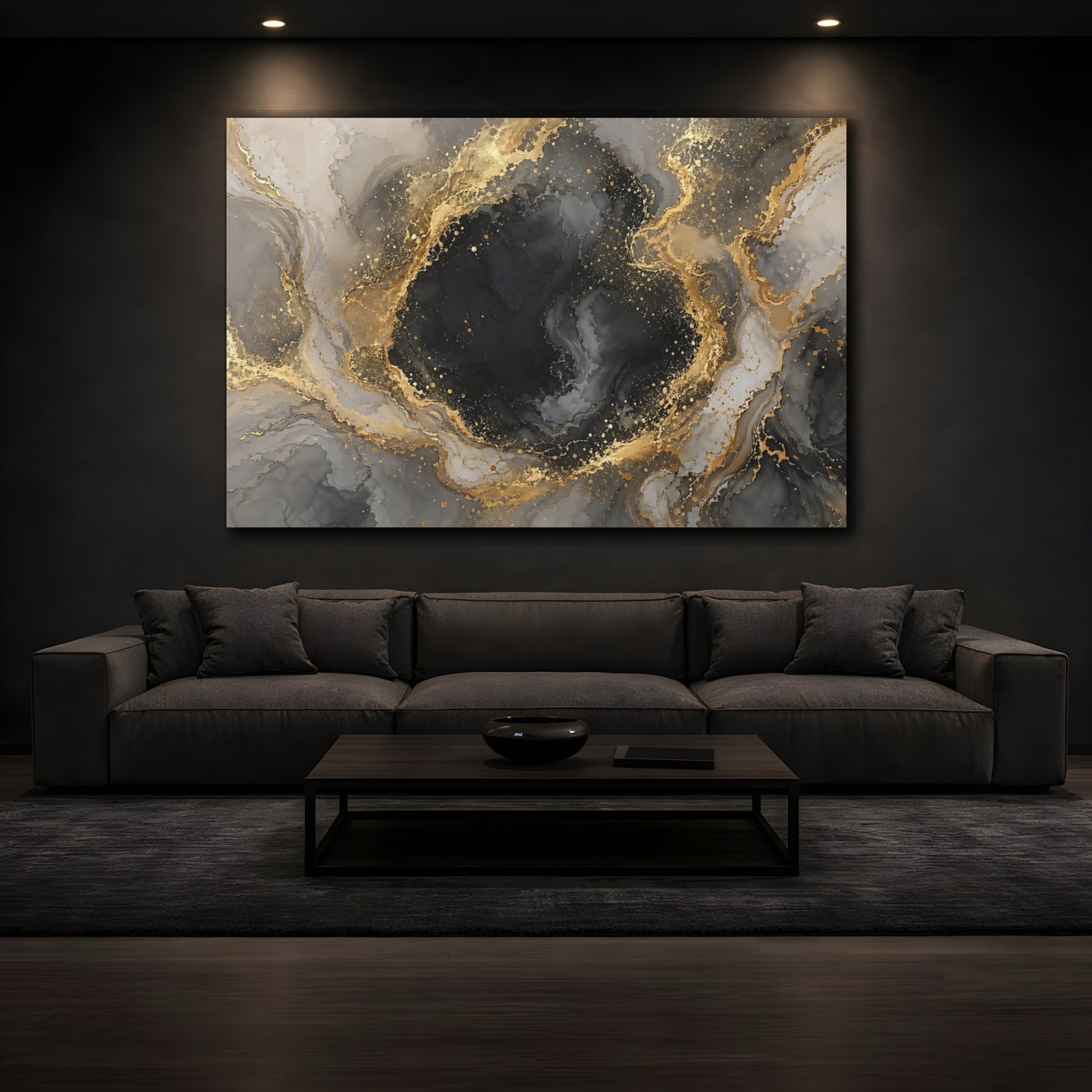 Mockup 3. Abstract Marble Texture Black Gold Gray shown as stretched canvas wall art
