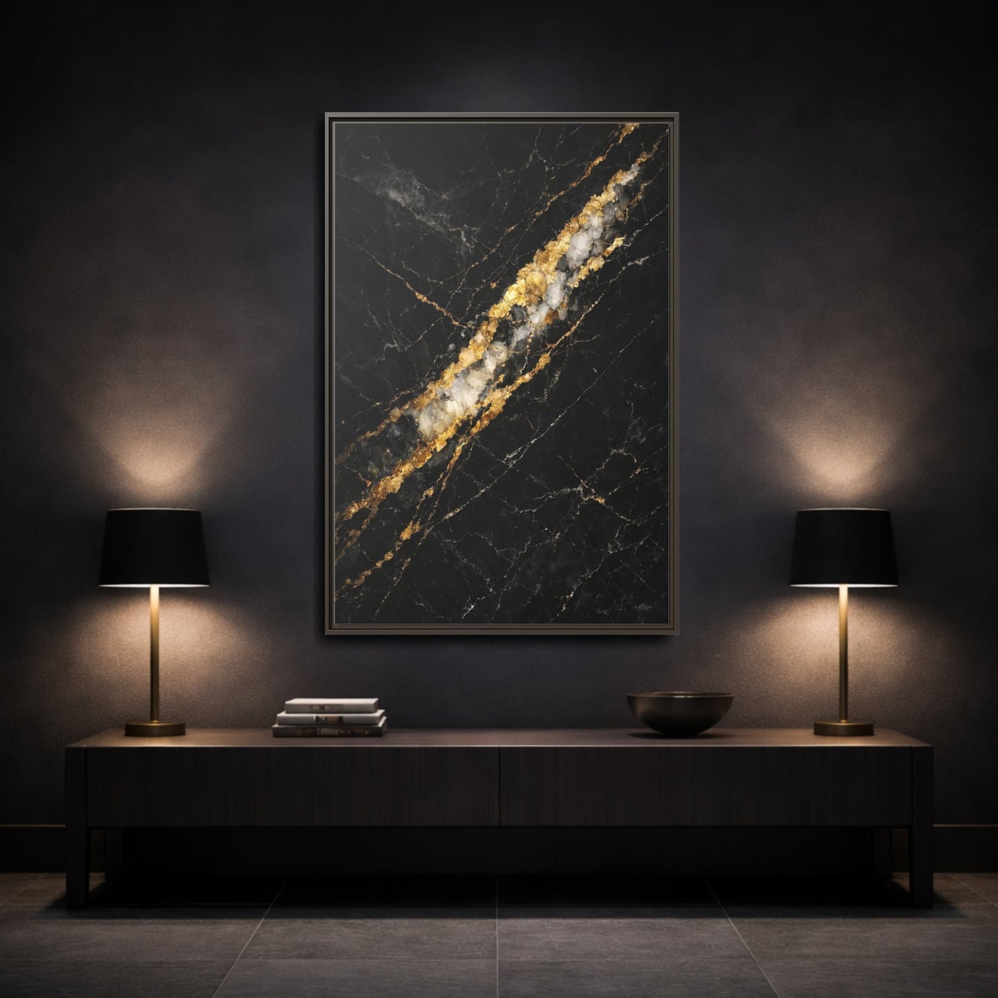 Mockup 2. Abstract Marble Texture Black Gold Marble shown as stretched canvas wall art