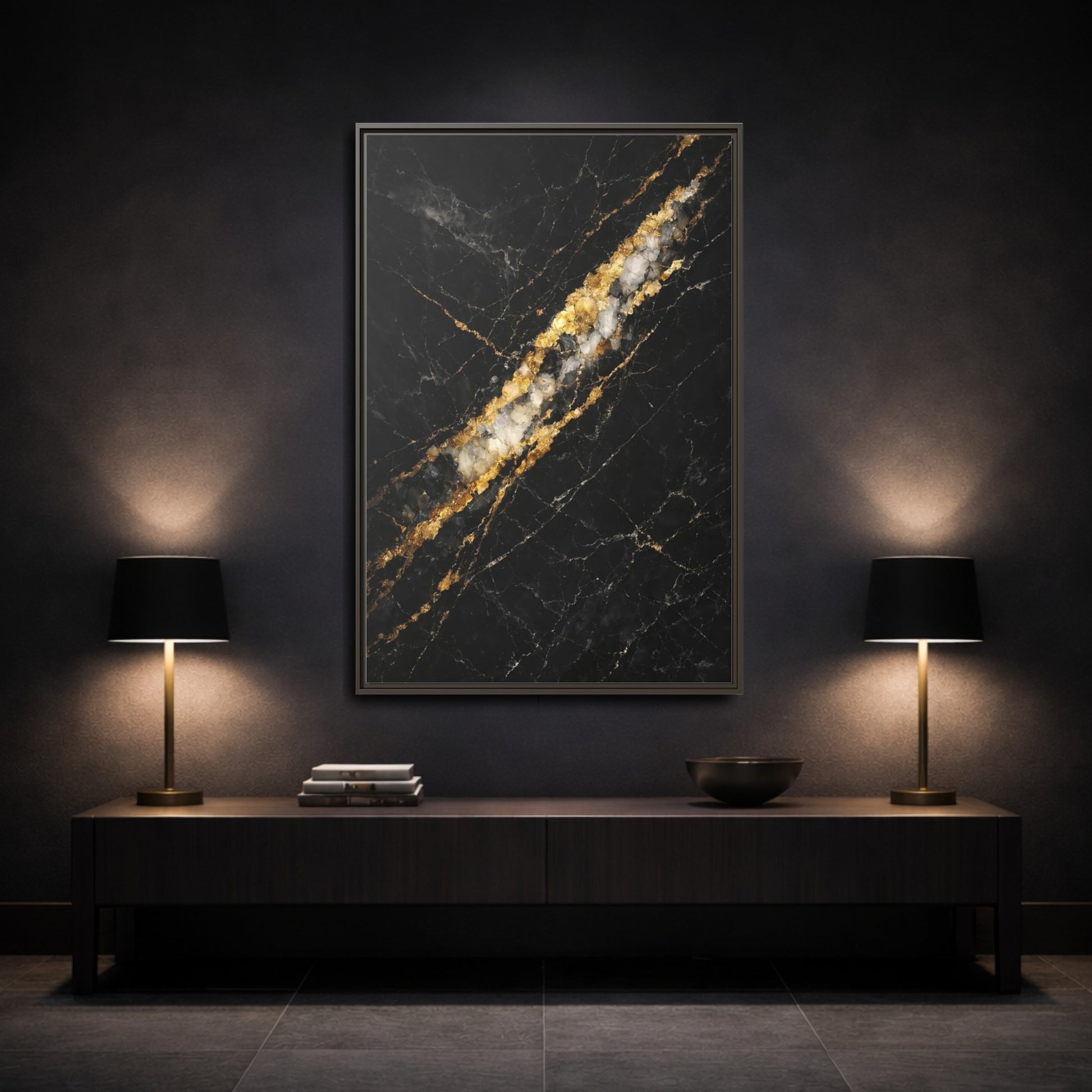Mockup 2. Abstract Marble Texture Black Gold Marble shown as stretched canvas wall art