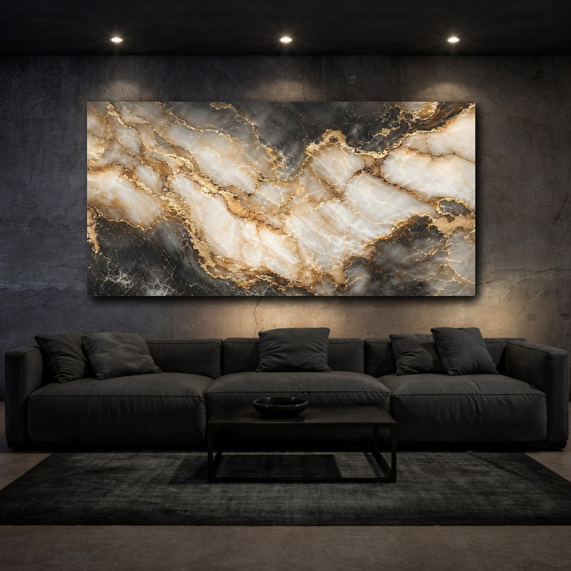 Mockup 2. Abstract Marble Texture Black Gold Marble shown as stretched canvas wall art