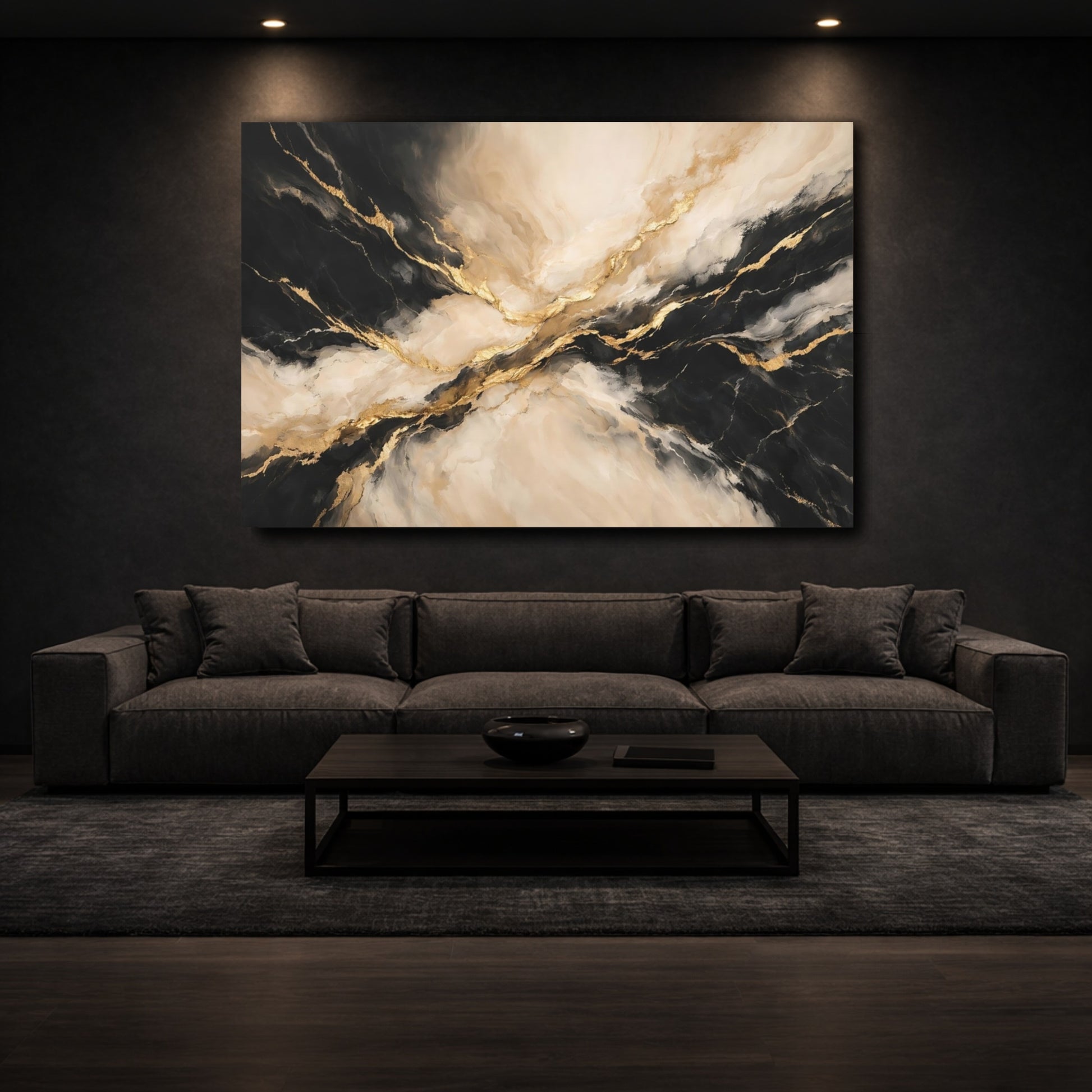 Mockup 2. Abstract Marble Texture Black Gold Marble shown as stretched canvas wall art