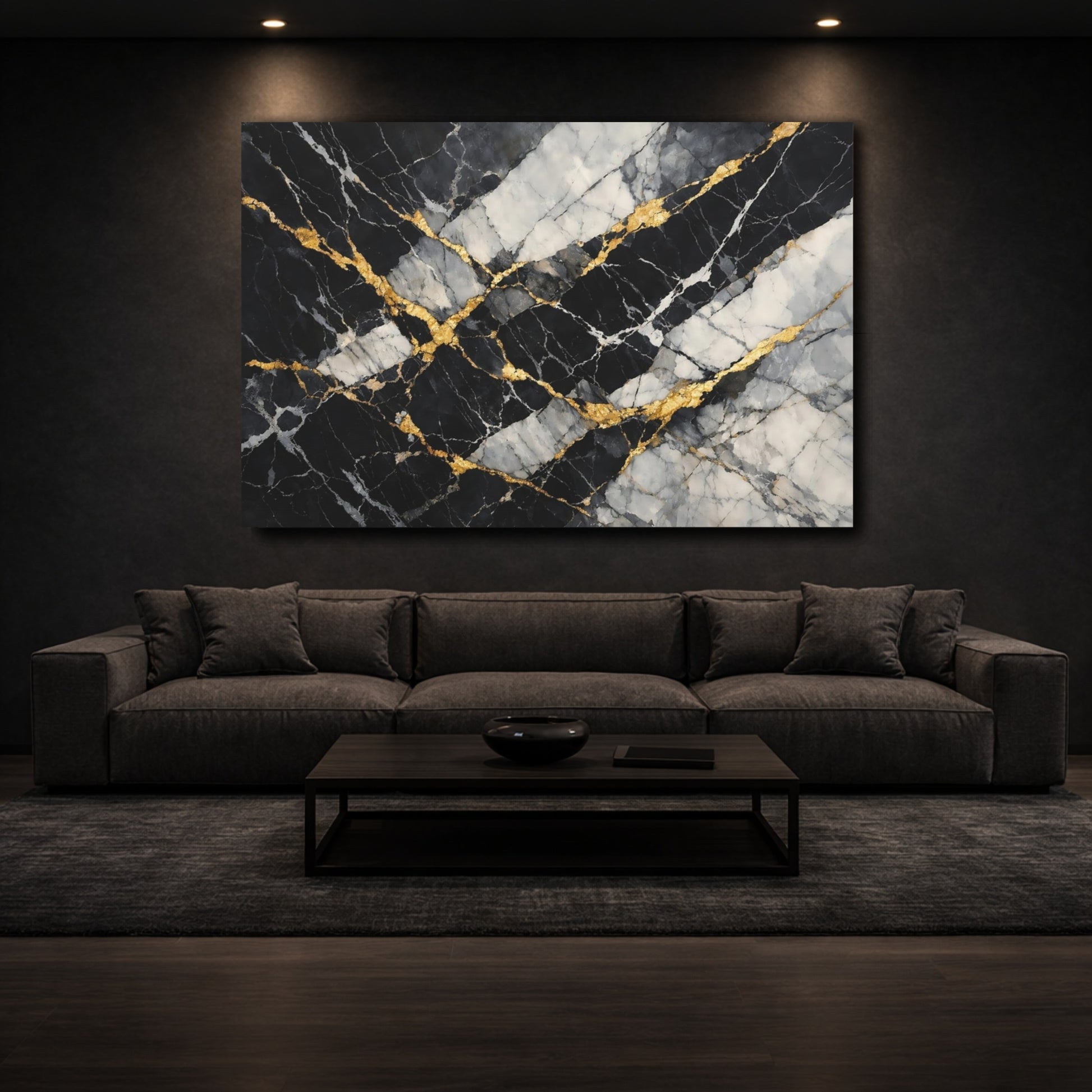 Mockup 2. Abstract Marble Texture Black Gold Marble shown as stretched canvas wall art