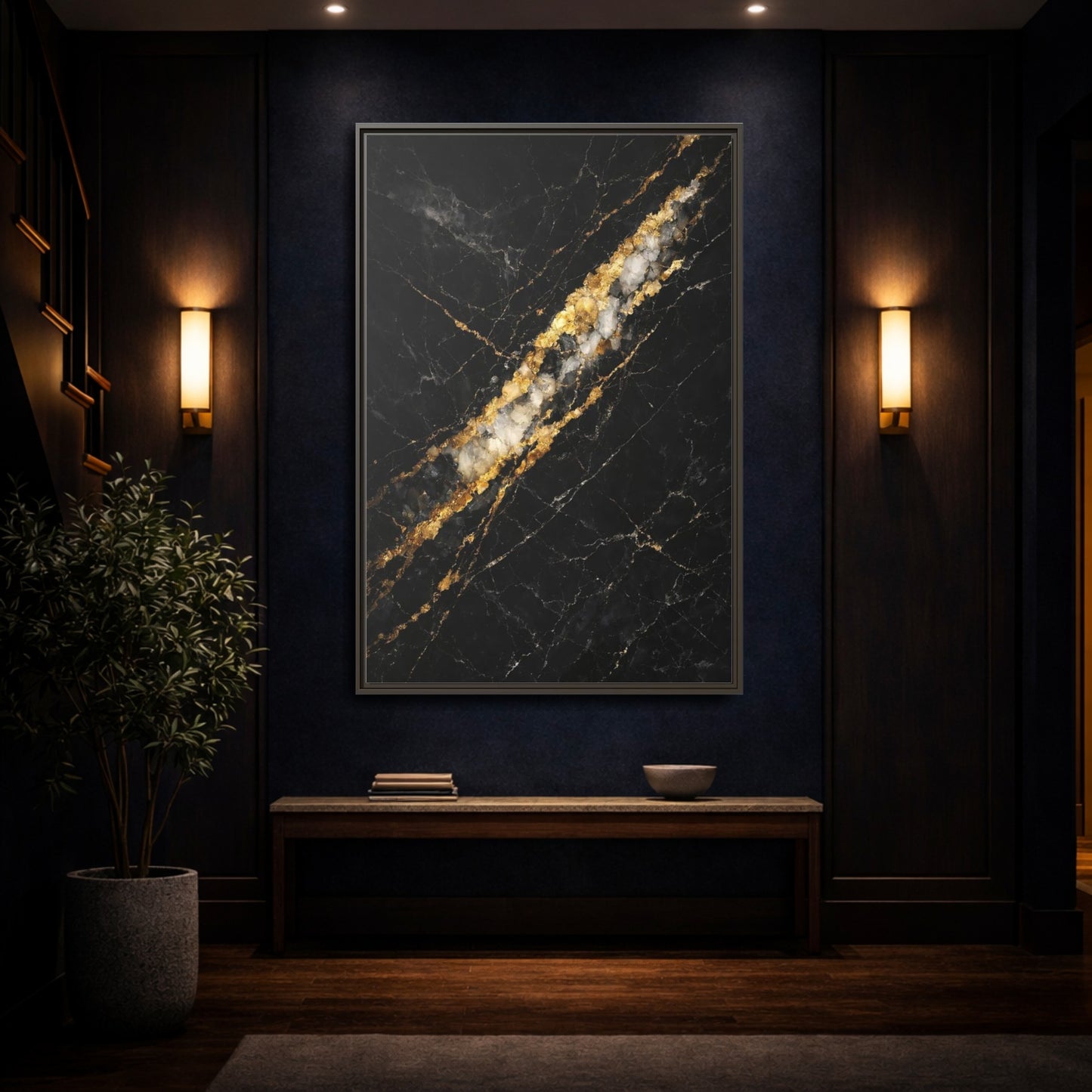 Mockup 3. Abstract Marble Texture Black Gold Marble shown as stretched canvas wall art