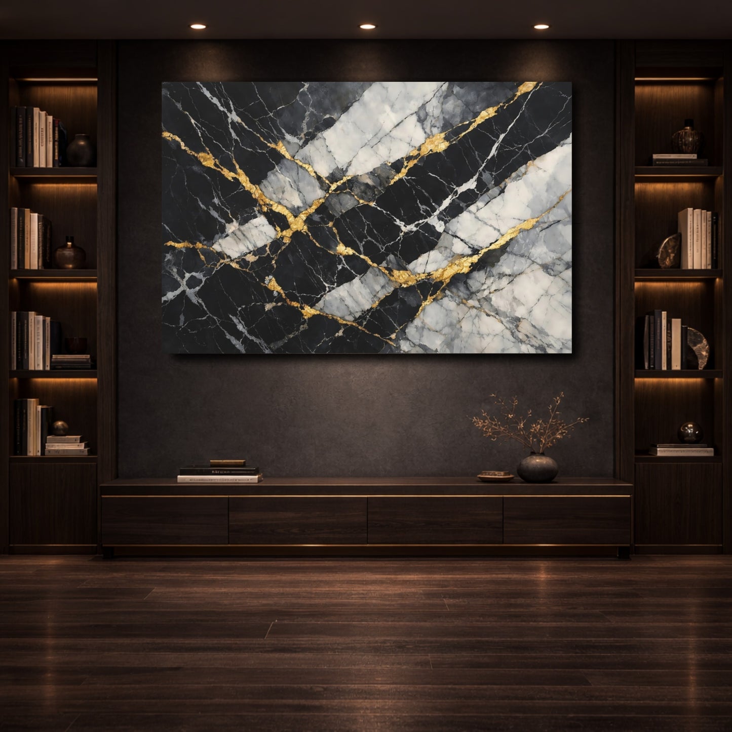 Mockup 3. Abstract Marble Texture Black Gold Marble shown as stretched canvas wall art