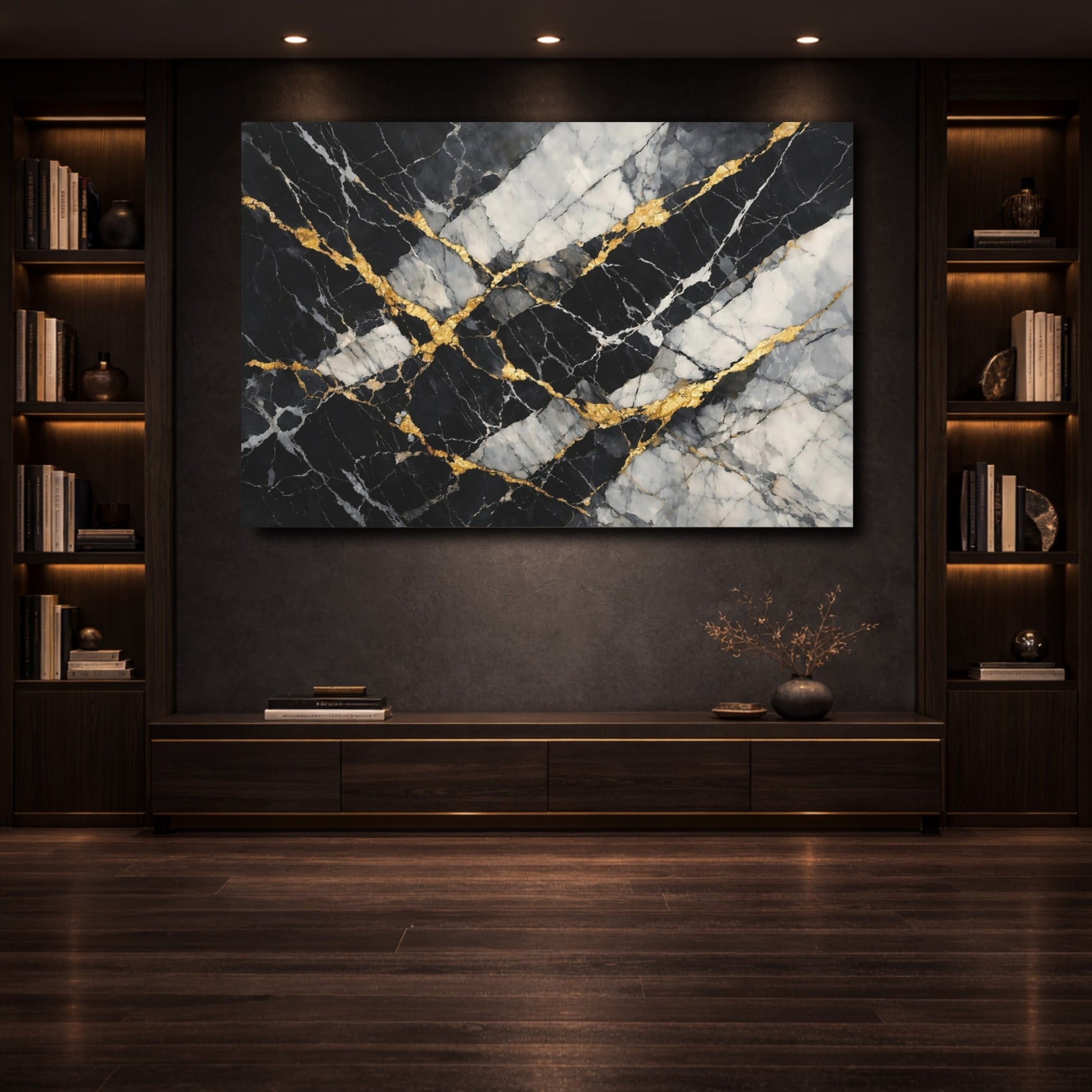Mockup 3. Abstract Marble Texture Black Gold Marble shown as stretched canvas wall art