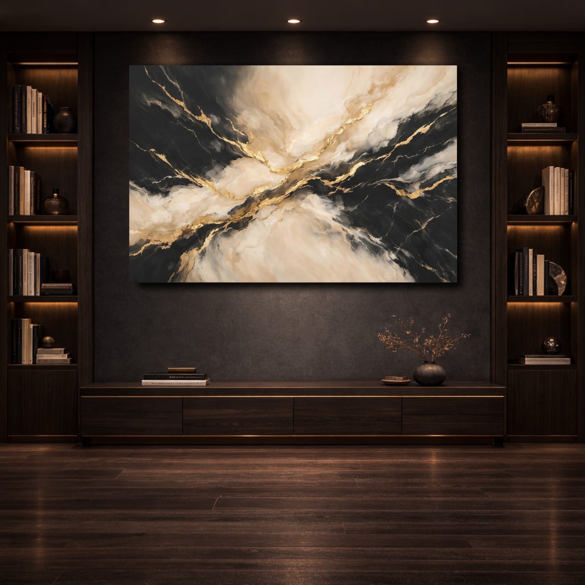Mockup 3. Abstract Marble Texture Black Gold Marble shown as stretched canvas wall art
