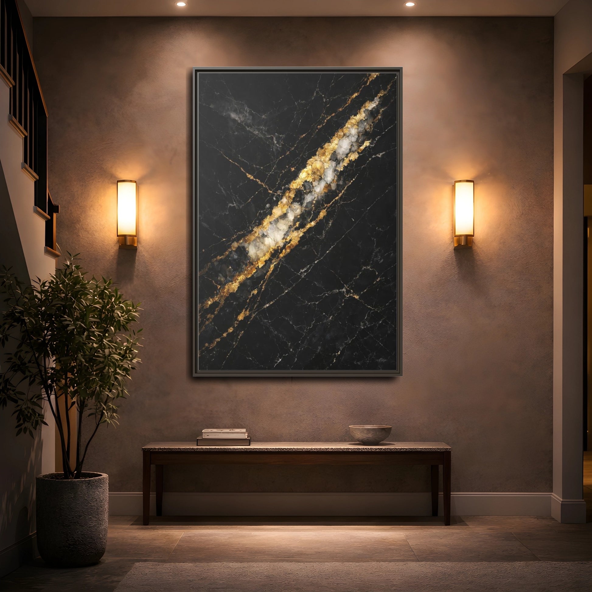 Mockup 4. Abstract Marble Texture Black Gold Marble shown as stretched canvas wall art