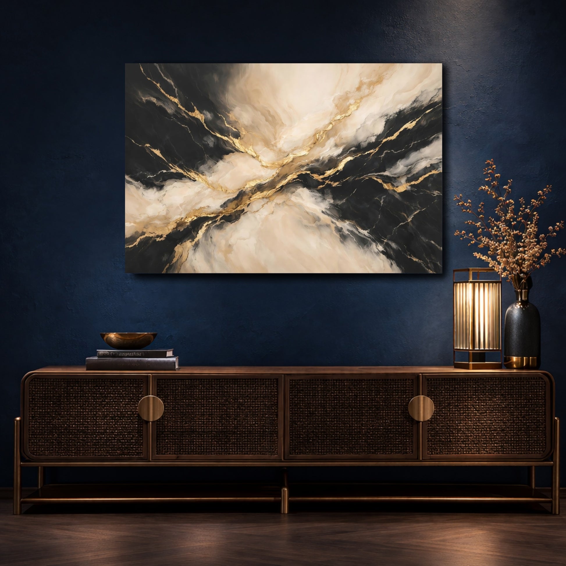Mockup 4. Abstract Marble Texture Black Gold Marble shown as stretched canvas wall art