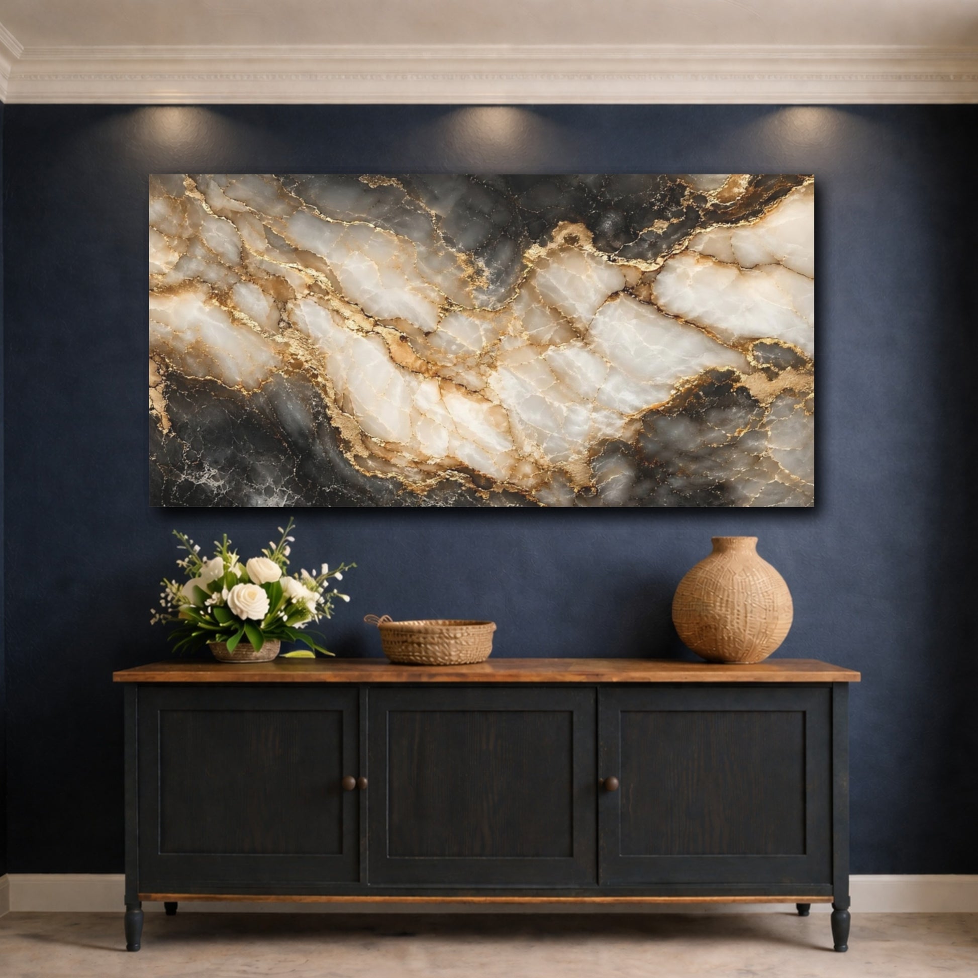 Mockup 4. Abstract Marble Texture Black Gold Marble shown as stretched canvas wall art