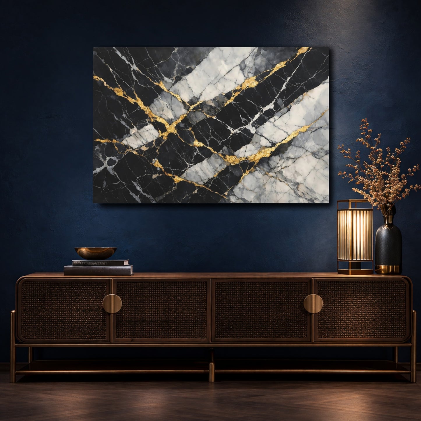 Mockup 4. Abstract Marble Texture Black Gold Marble shown as stretched canvas wall art
