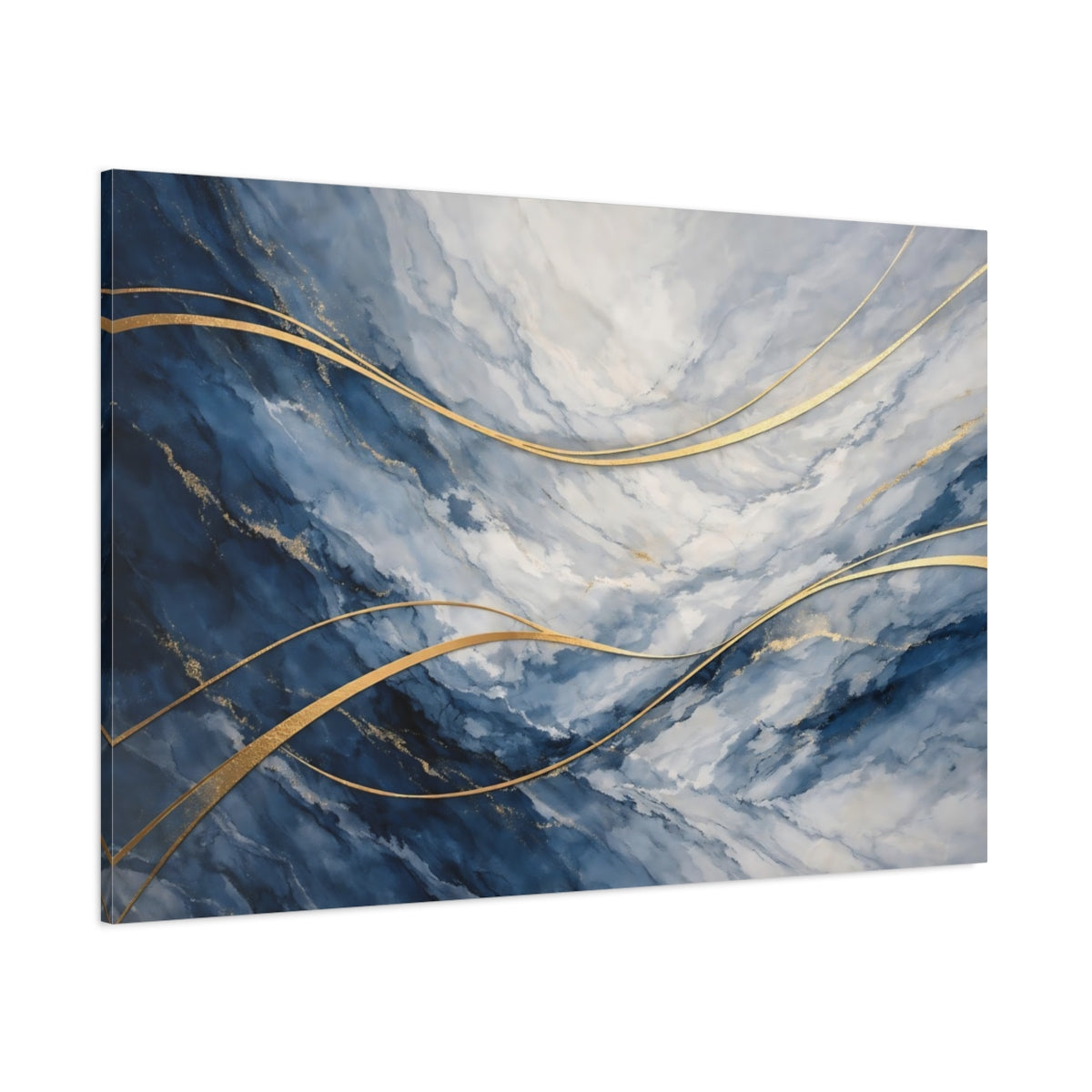 Main Mockup. Abstract Marble Texture Blue And Gold shown as stretched canvas wall art