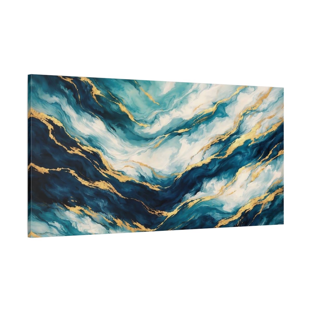 Main Mockup. Abstract Marble Texture Blue And Gold shown as stretched canvas wall art