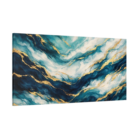 Main Mockup. Abstract Marble Texture Blue And Gold shown as stretched canvas wall art