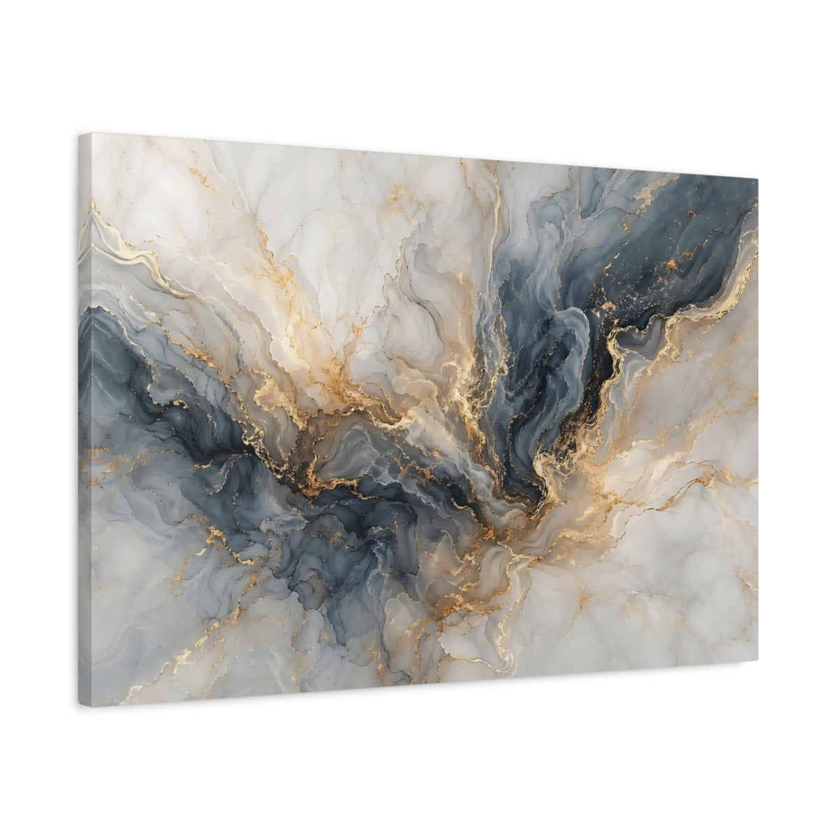 Side Mockup 2. Abstract Marble Texture Blue And Gold shown as stretched canvas wall art