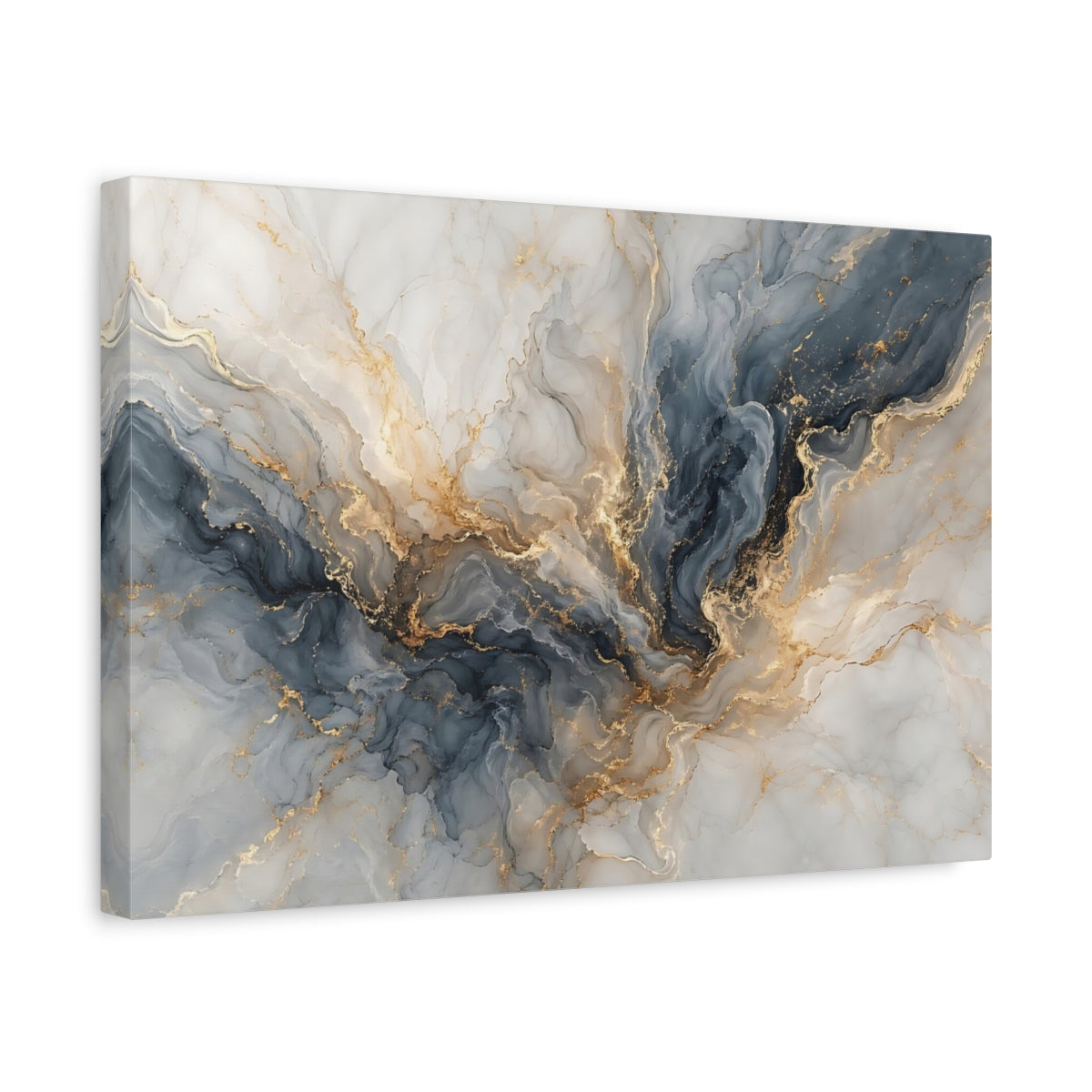 Side Mockup 4. Abstract Marble Texture Blue And Gold shown as stretched canvas wall art