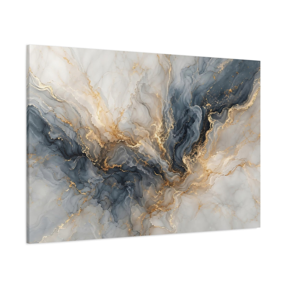 Side Mockup 1. Abstract Marble Texture Blue And Gold shown as stretched canvas wall art