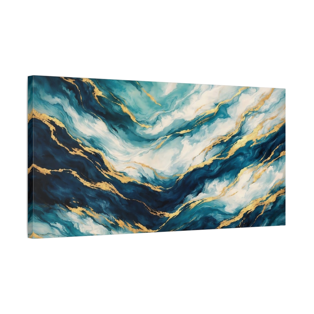 Side Mockup 2. Abstract Marble Texture Blue And Gold shown as stretched canvas wall art