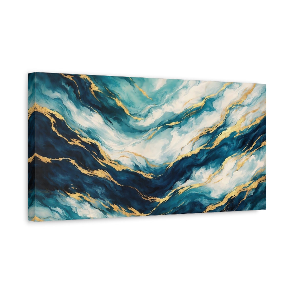 Side Mockup 3. Abstract Marble Texture Blue And Gold shown as stretched canvas wall art