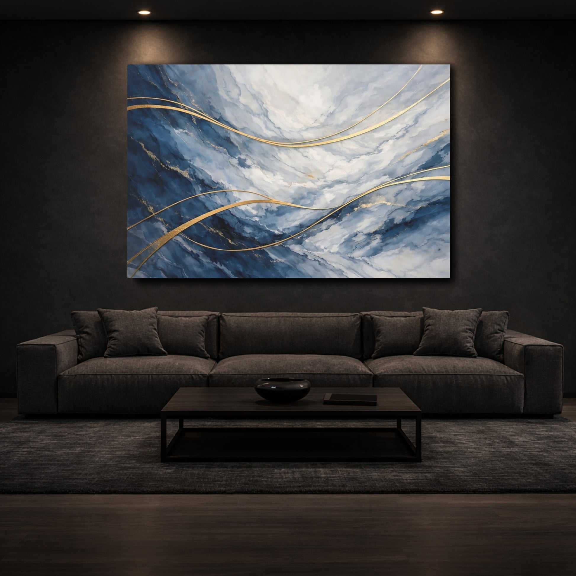 Mockup 2. Abstract Marble Texture Blue And Gold shown as stretched canvas wall art