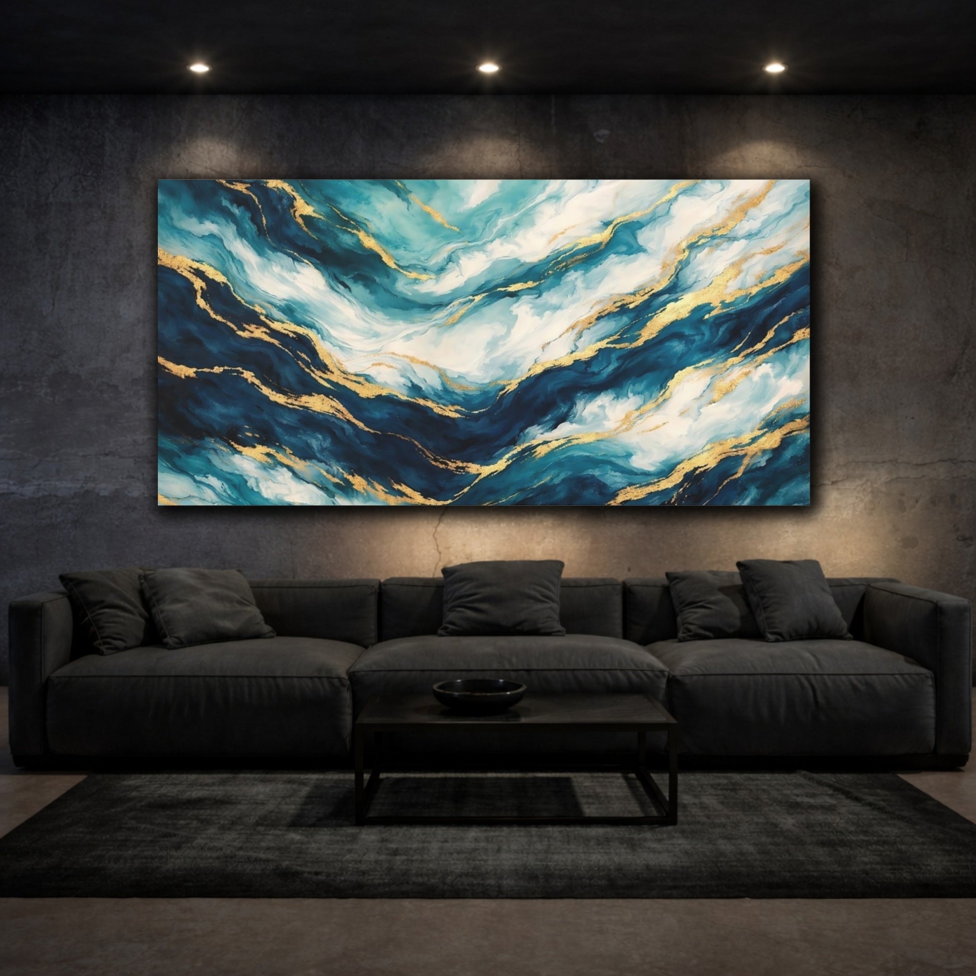 Mockup 2. Abstract Marble Texture Blue And Gold shown as stretched canvas wall art