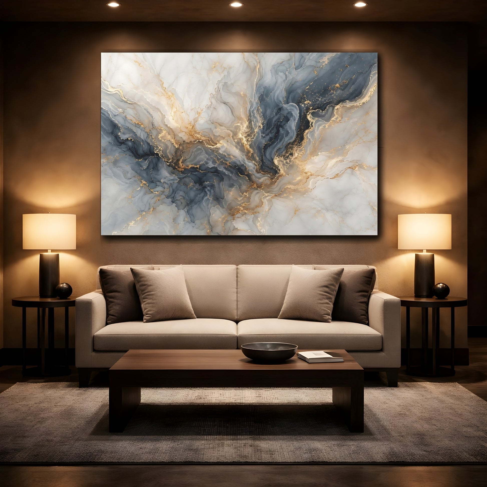 Mockup 2. Abstract Marble Texture Blue And Gold shown as stretched canvas wall art