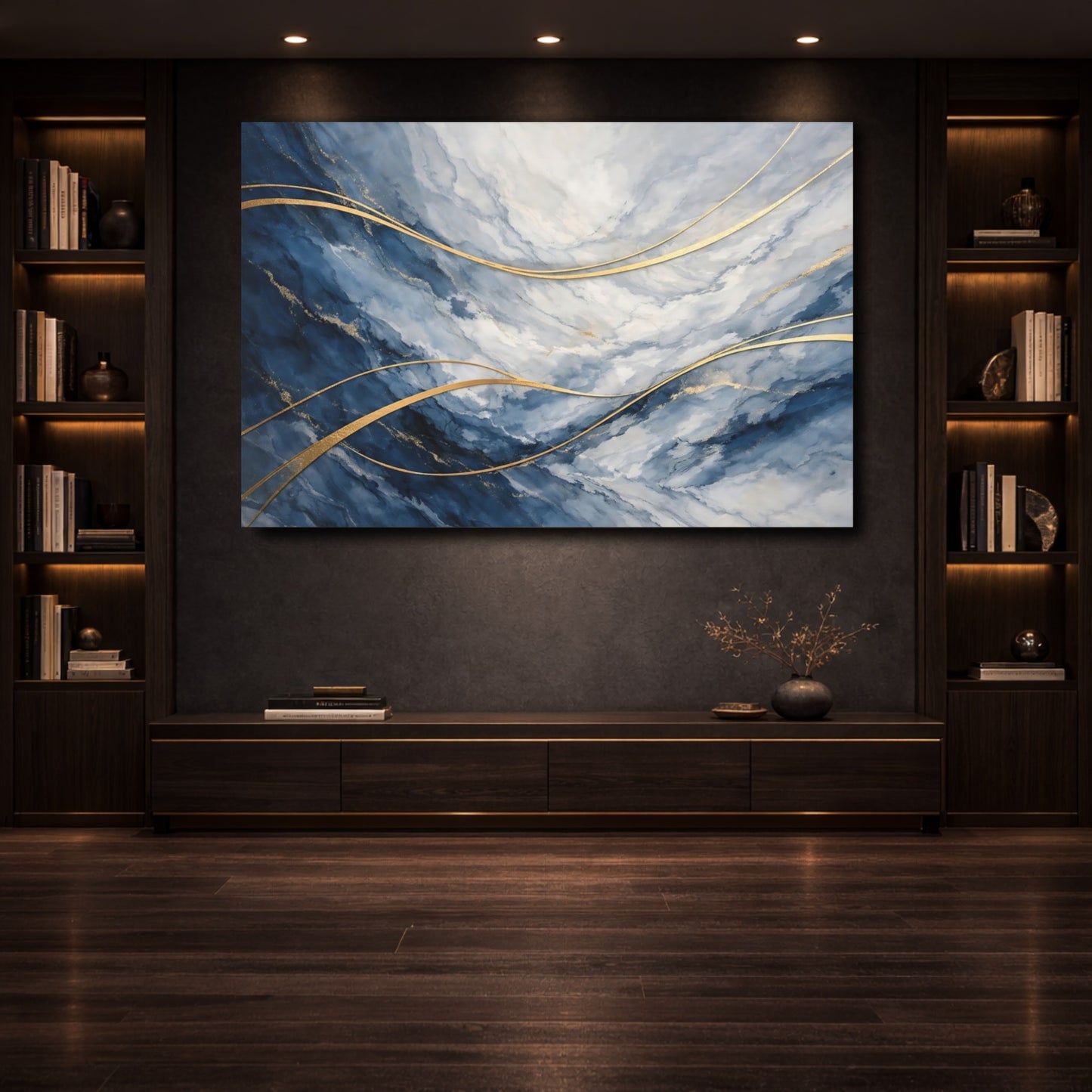 Mockup 3. Abstract Marble Texture Blue And Gold shown as stretched canvas wall art