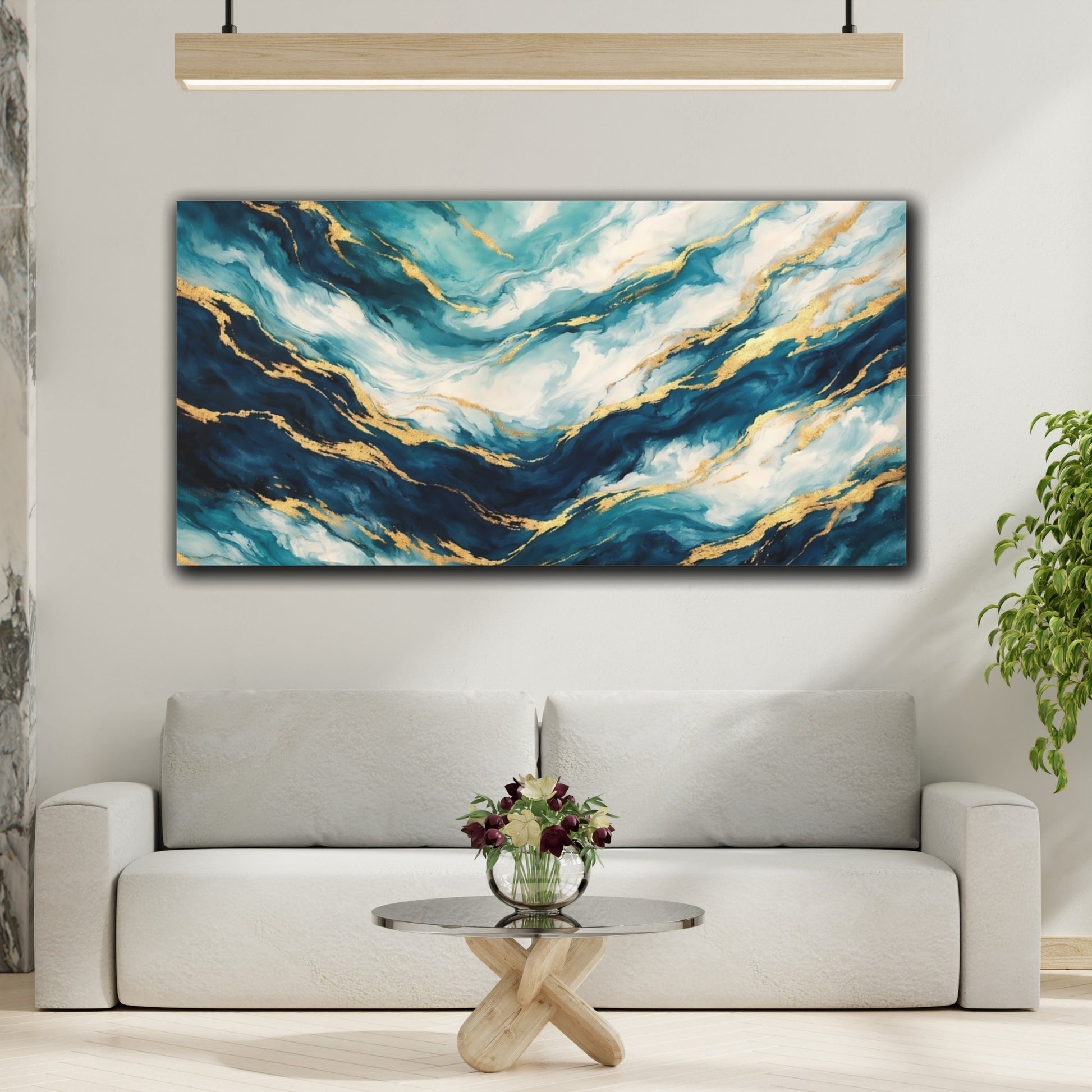 Mockup 3. Abstract Marble Texture Blue And Gold shown as stretched canvas wall art