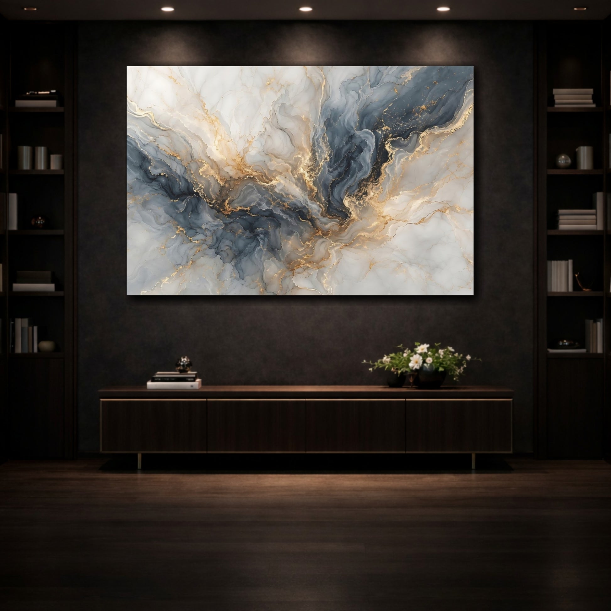 Mockup 3. Abstract Marble Texture Blue And Gold shown as stretched canvas wall art