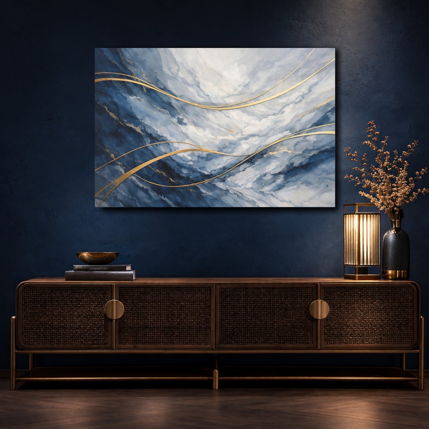 Mockup 4. Abstract Marble Texture Blue And Gold shown as stretched canvas wall art