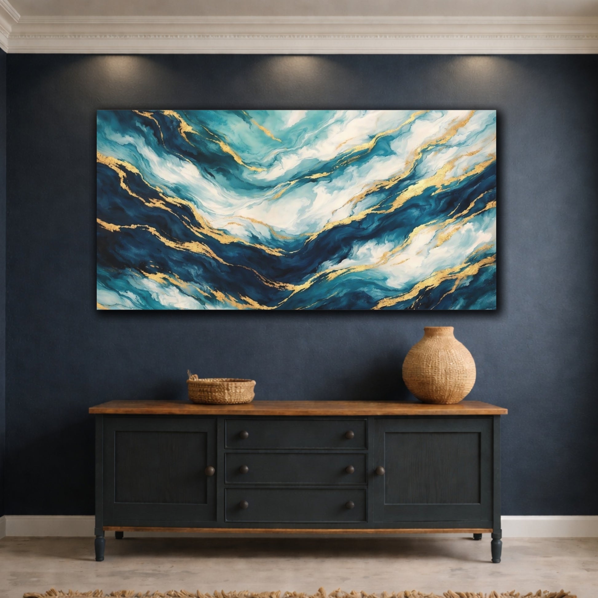 Mockup 4. Abstract Marble Texture Blue And Gold shown as stretched canvas wall art