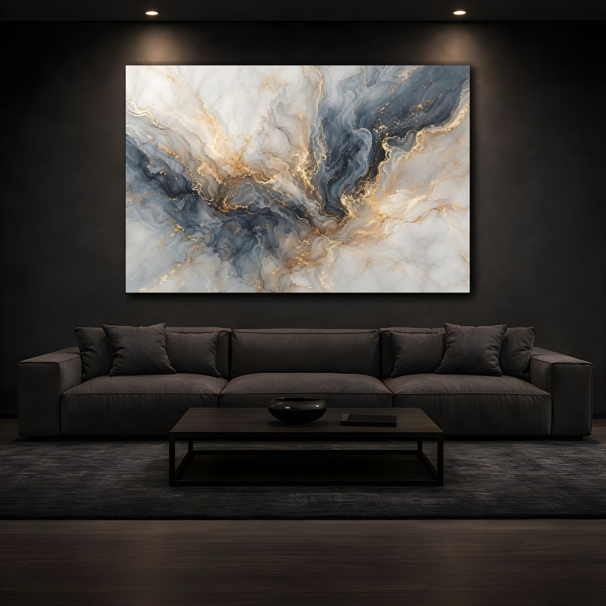 Mockup 4. Abstract Marble Texture Blue And Gold shown as stretched canvas wall art