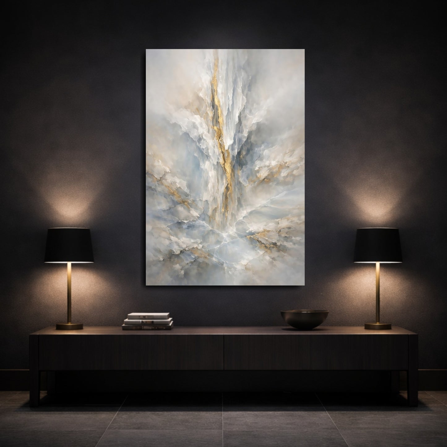 Mockup 2. Abstract Marble Texture Blue Gold Abstract shown as stretched canvas wall art
