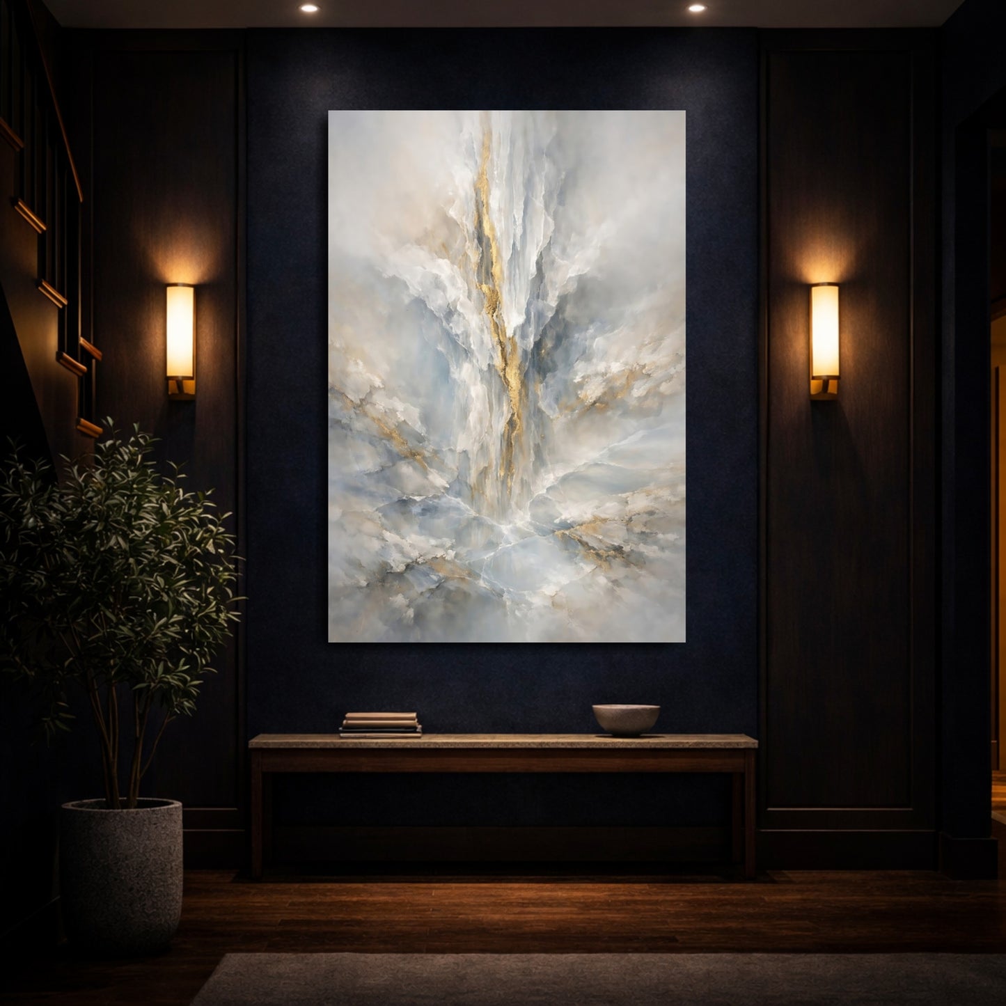 Mockup 3. Abstract Marble Texture Blue Gold Abstract shown as stretched canvas wall art