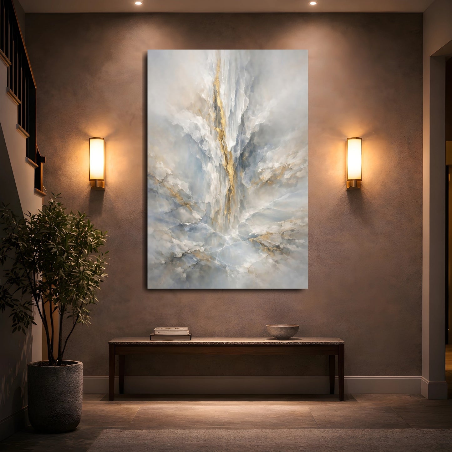 Mockup 4. Abstract Marble Texture Blue Gold Abstract shown as stretched canvas wall art
