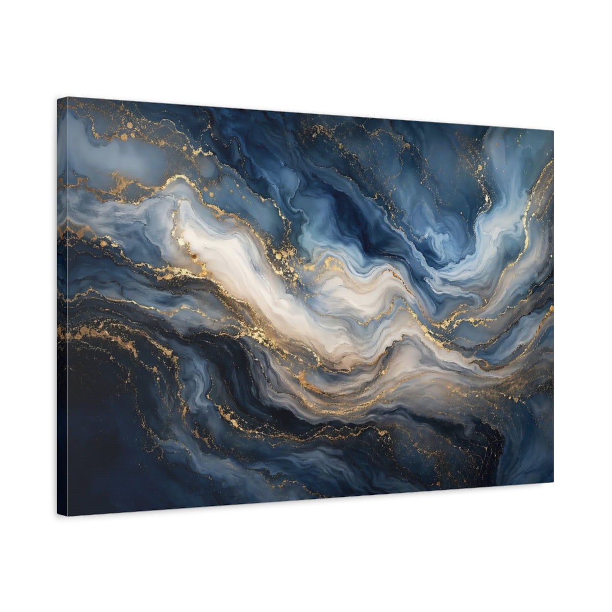 Side Mockup 2. Abstract Marble Texture Blue Gold Marble shown as stretched canvas wall art