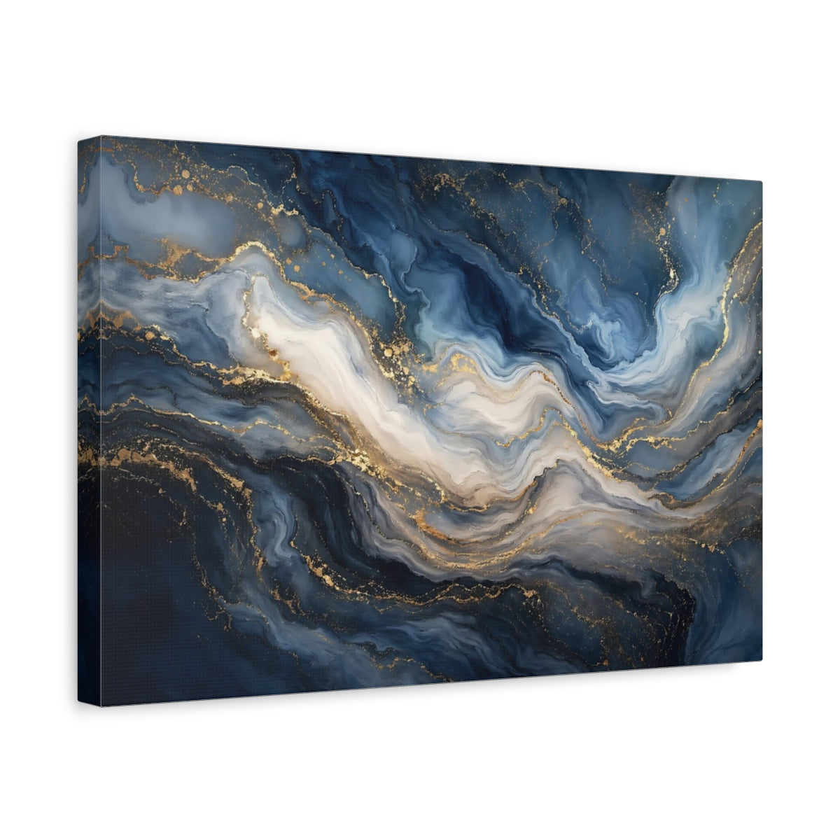 Side Mockup 4. Abstract Marble Texture Blue Gold Marble shown as stretched canvas wall art