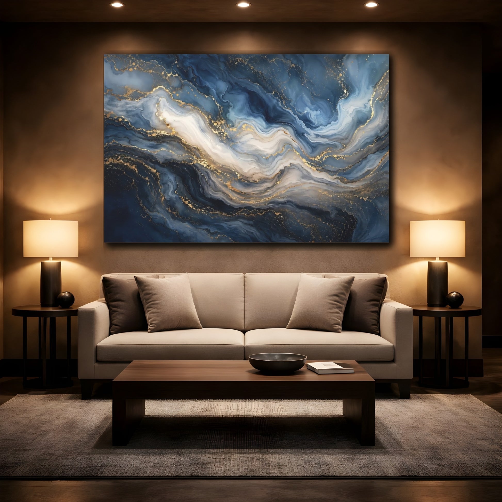 Mockup 2. Abstract Marble Texture Blue Gold Marble shown as stretched canvas wall art