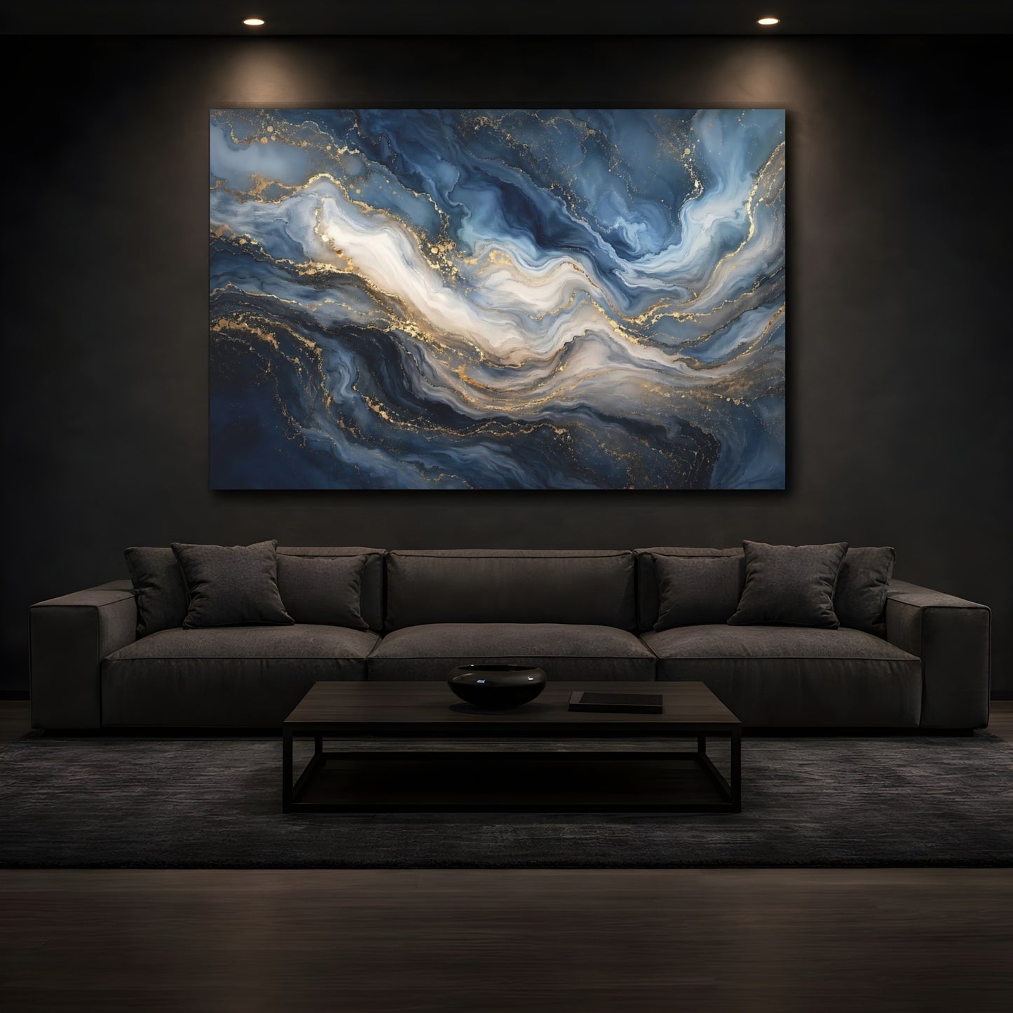 Mockup 3. Abstract Marble Texture Blue Gold Marble shown as stretched canvas wall art