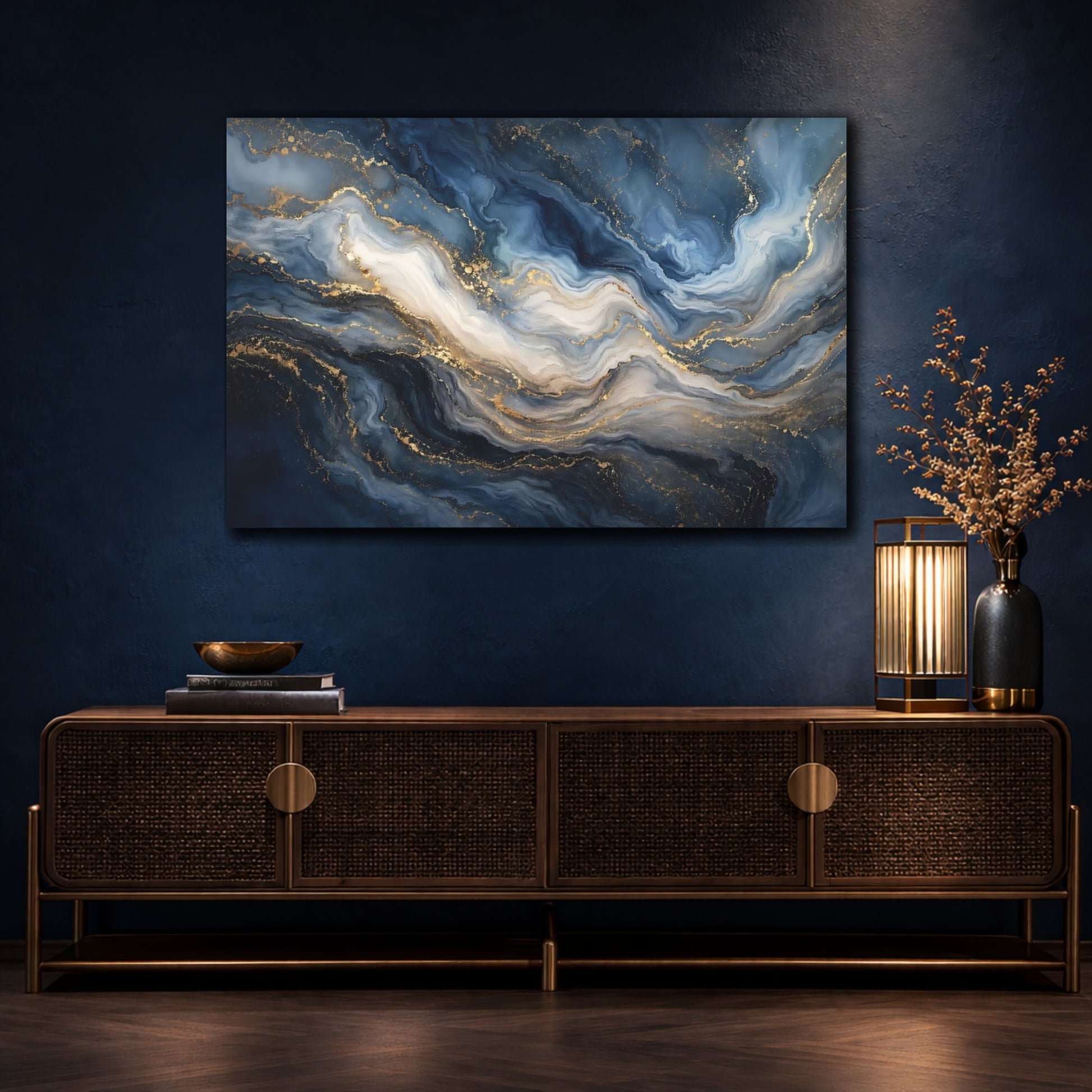 Mockup 4. Abstract Marble Texture Blue Gold Marble shown as stretched canvas wall art