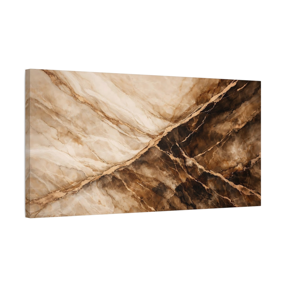 Side Mockup 2. Abstract Marble Texture Brown And Gold shown as stretched canvas wall art