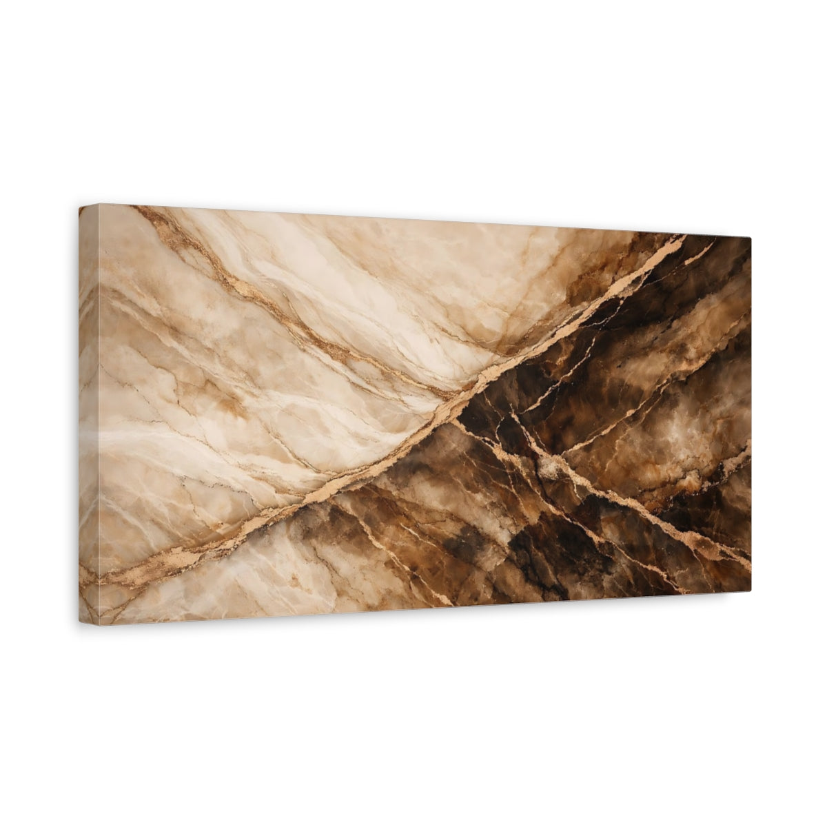 Side Mockup 3. Abstract Marble Texture Brown And Gold shown as stretched canvas wall art