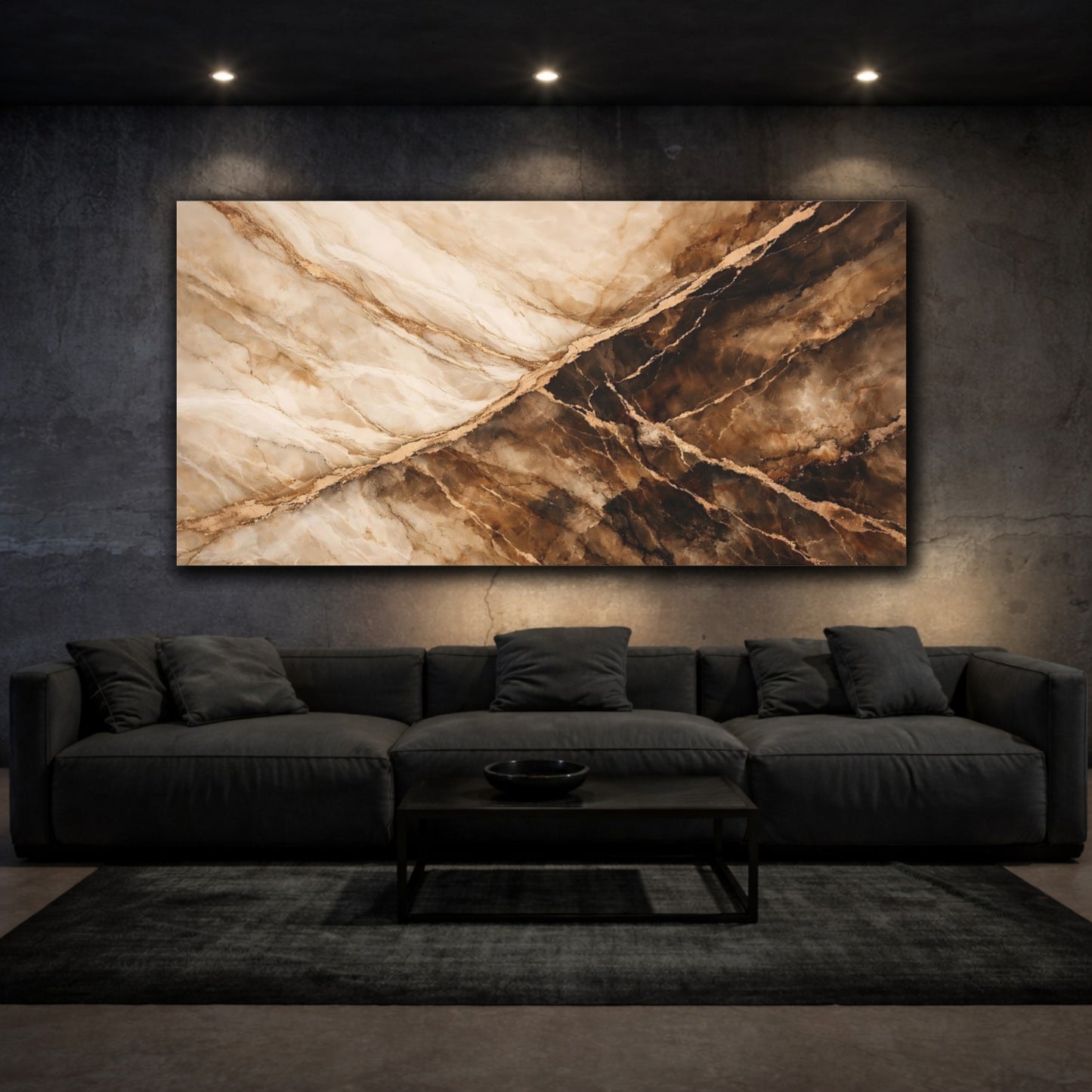 Mockup 2. Abstract Marble Texture Brown And Gold shown as stretched canvas wall art