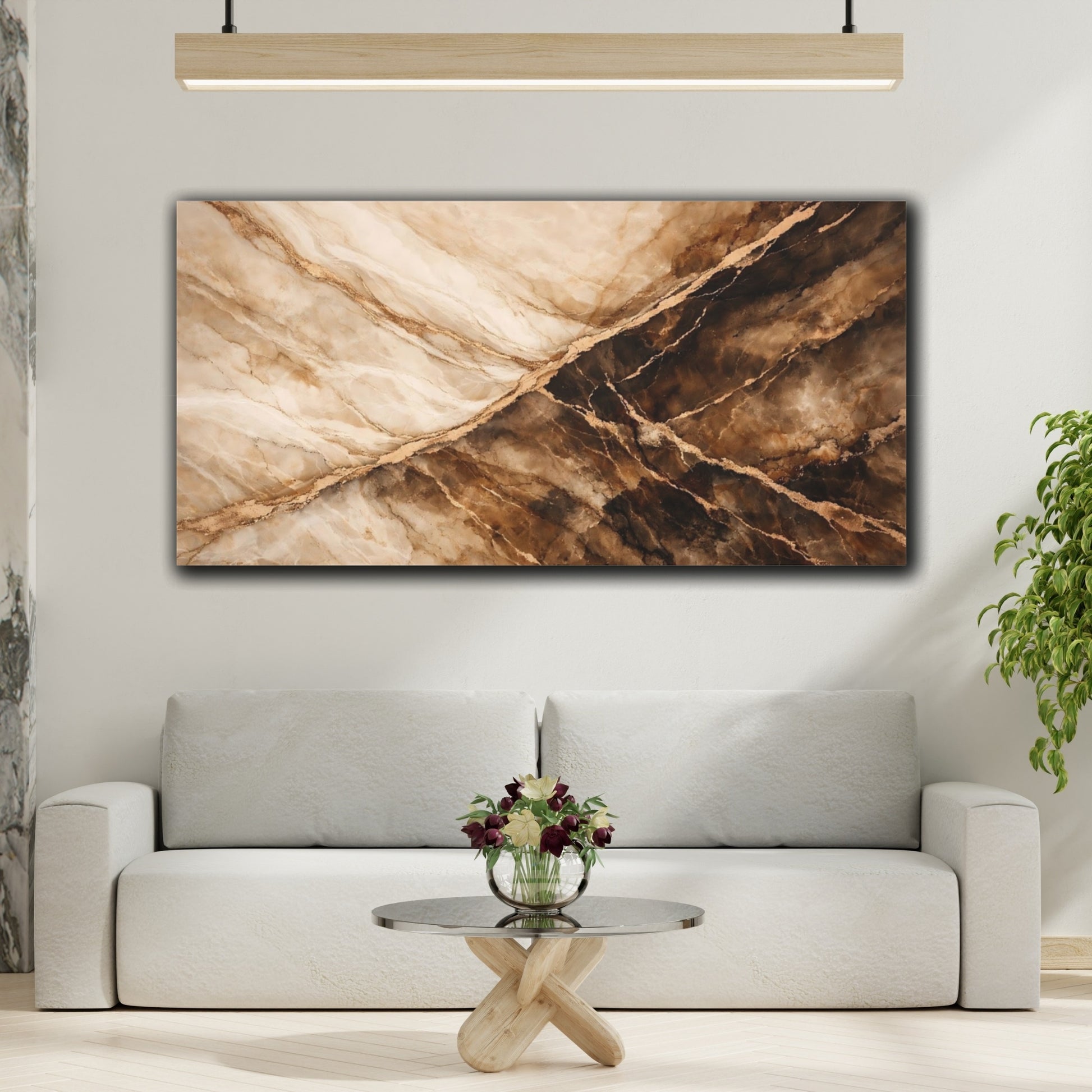 Mockup 3. Abstract Marble Texture Brown And Gold shown as stretched canvas wall art