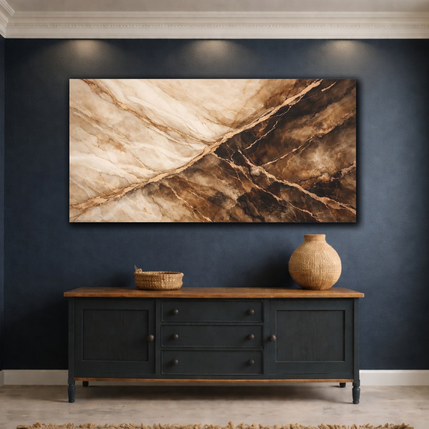 Mockup 4. Abstract Marble Texture Brown And Gold shown as stretched canvas wall art